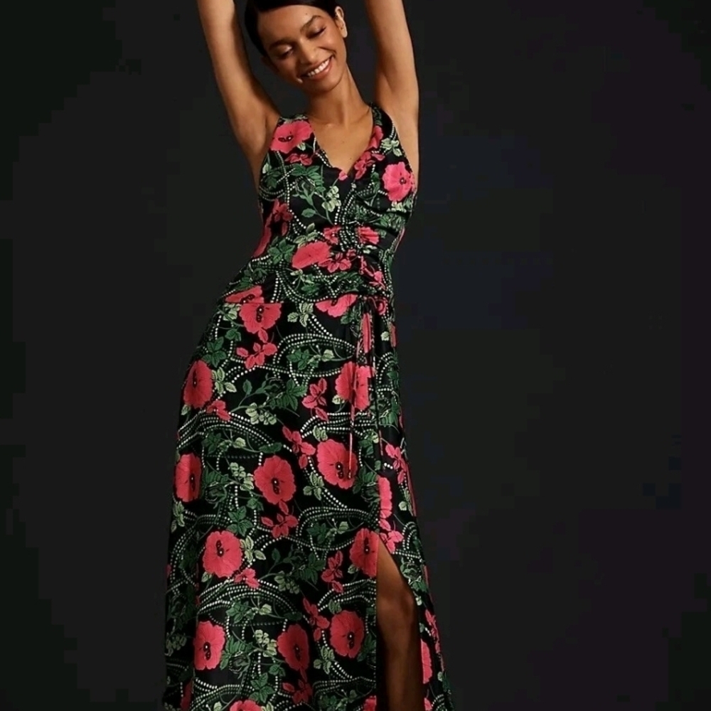 Maeve By Anthropolohie Black Floral Viscose Midi Dress Side Slit Ruched 18W